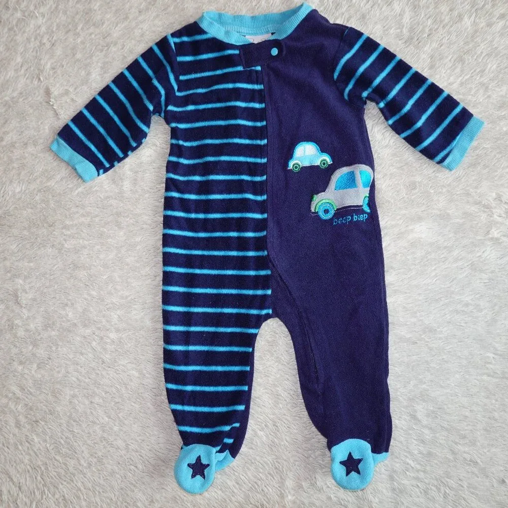 Boys Size 3-6 Months Rene Rofe Baby Zip Navy Blue Striped Car Fleece Pajamas